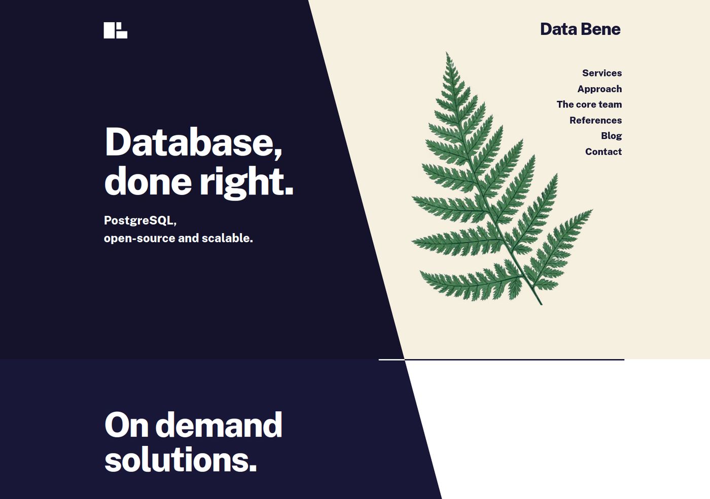 A dark and light split layout illustrating the use of dark and light mode, with the text Database, done right. and an illustration of a fern